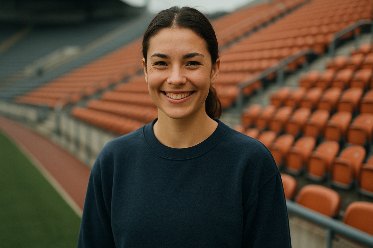 Woman standing in front of a sports stadium